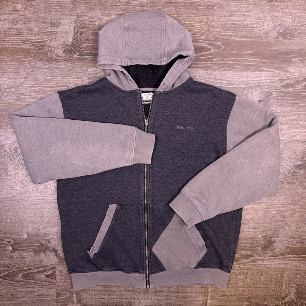 VTG Y2K Volcom Zip Hoodie Mens XL Gray Sherpa Lined Skate Grunge Surf